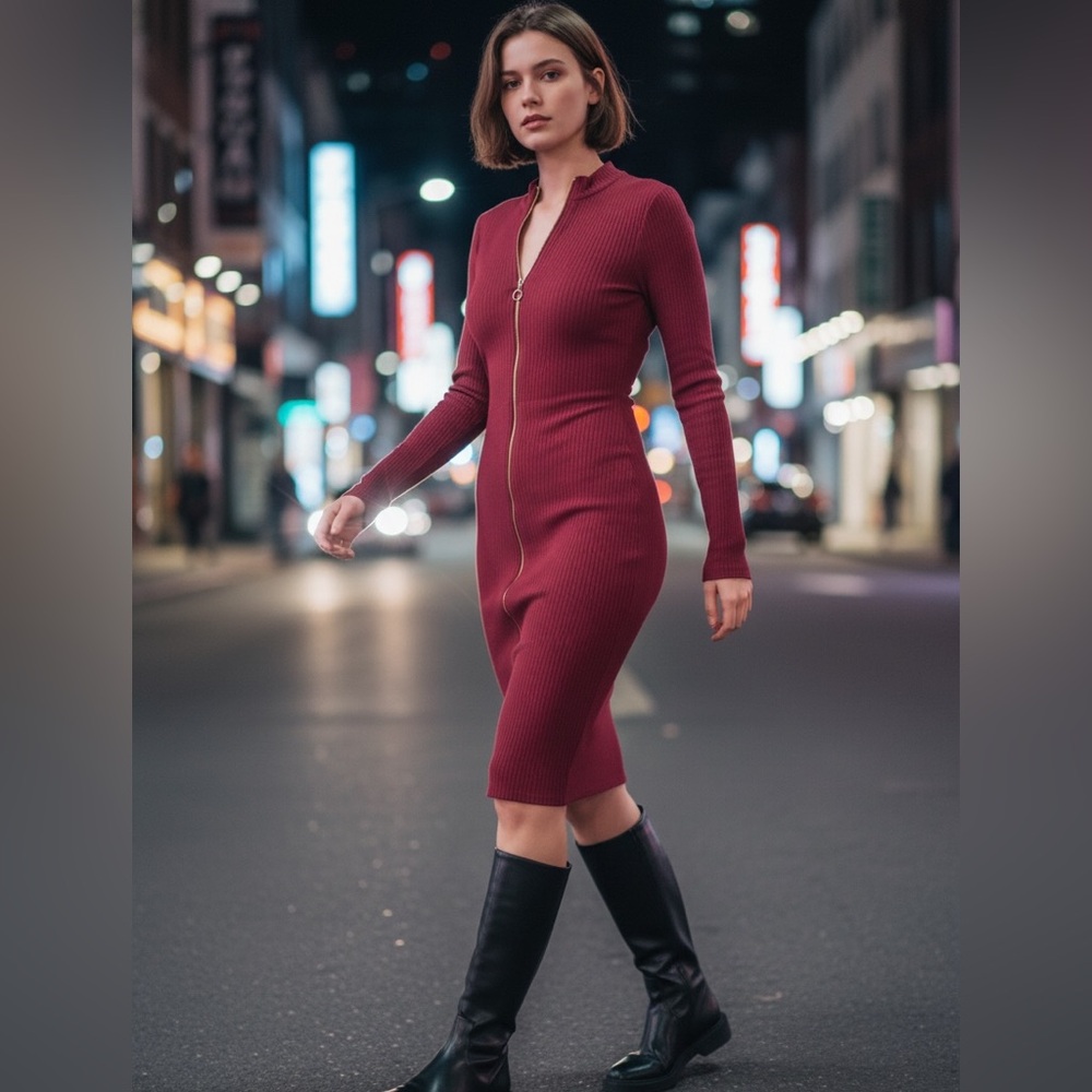Burgundy Long Sleeve Full Zipper Dress